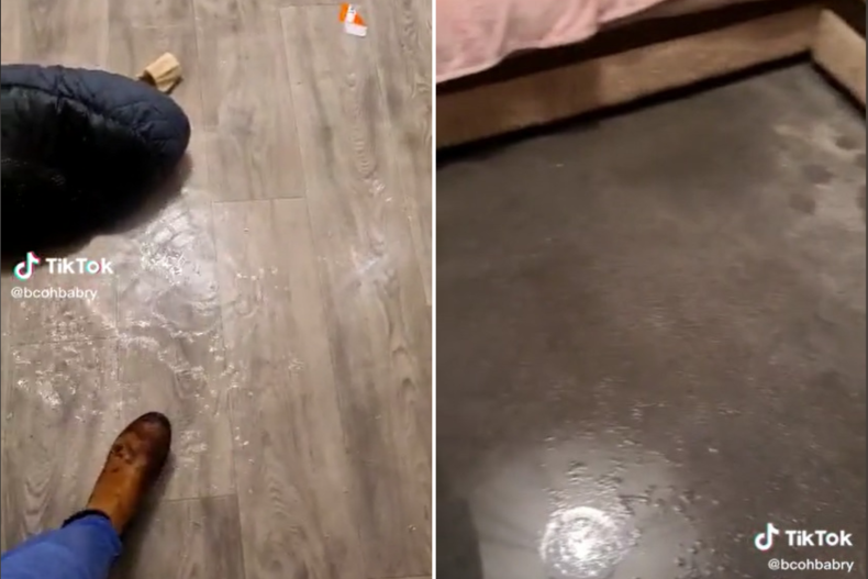 Collage of flooded kitchen and livingroom floor