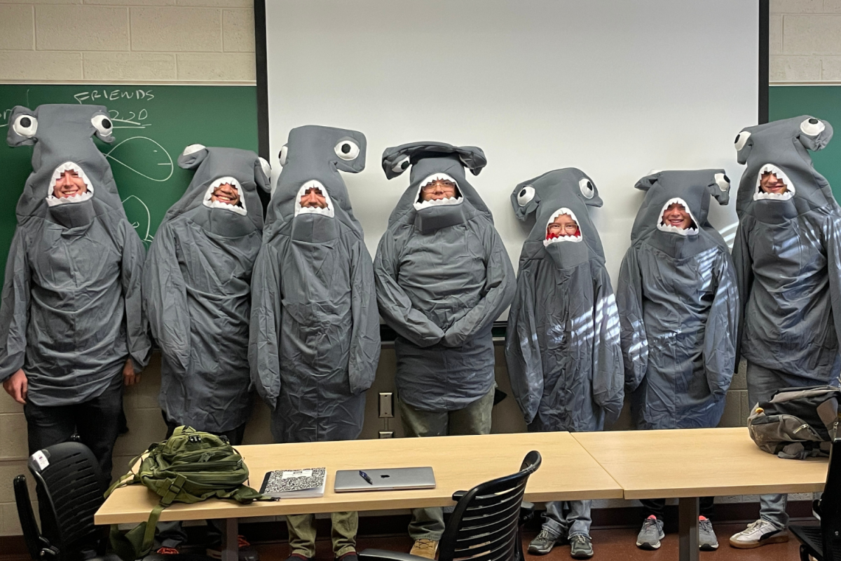 Graduate students dress as hammerhead sharks