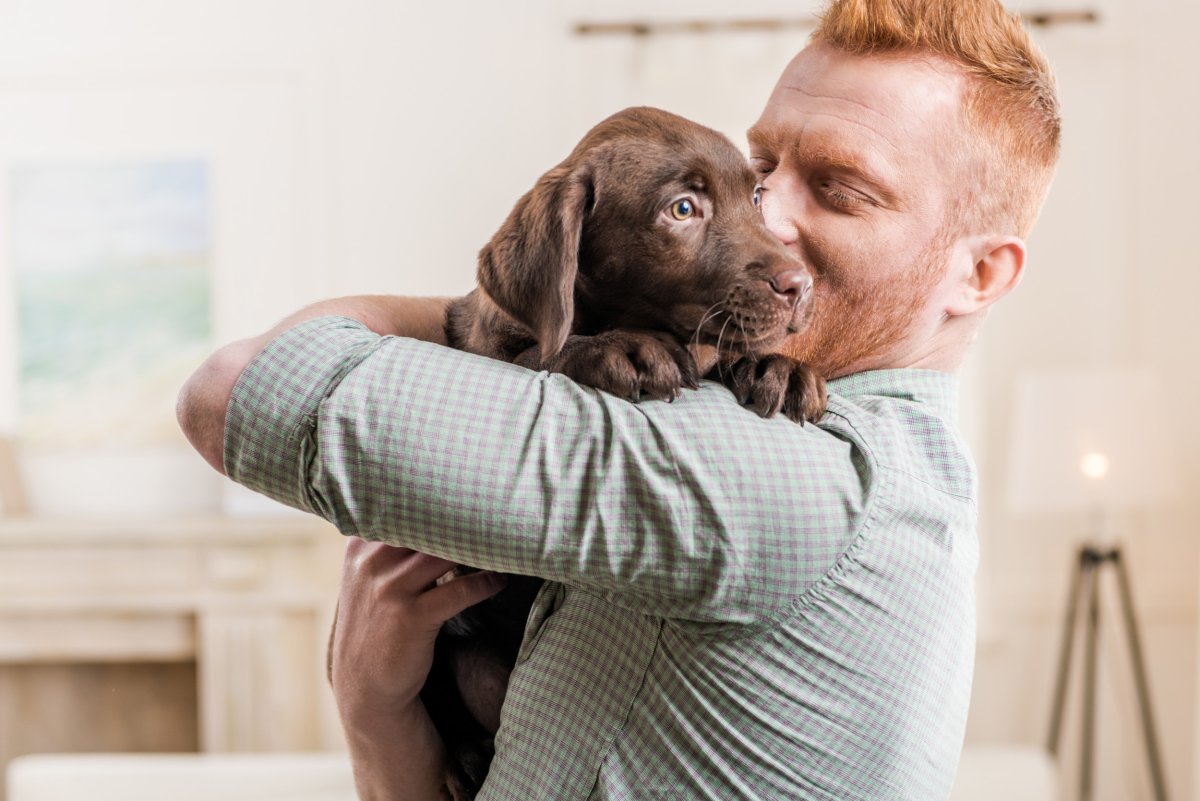 man meeting new puppy melts hearts