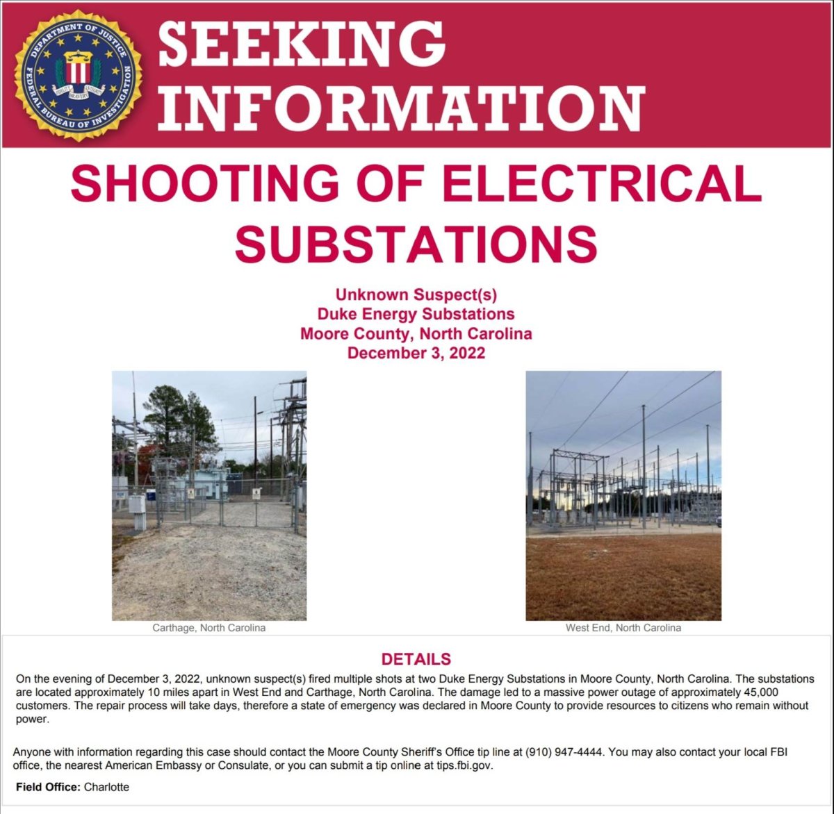 FBI, poster, substation, attacks, Moore, County, NC