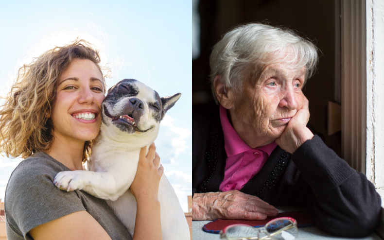 A woman, a dog, an elderly woman.