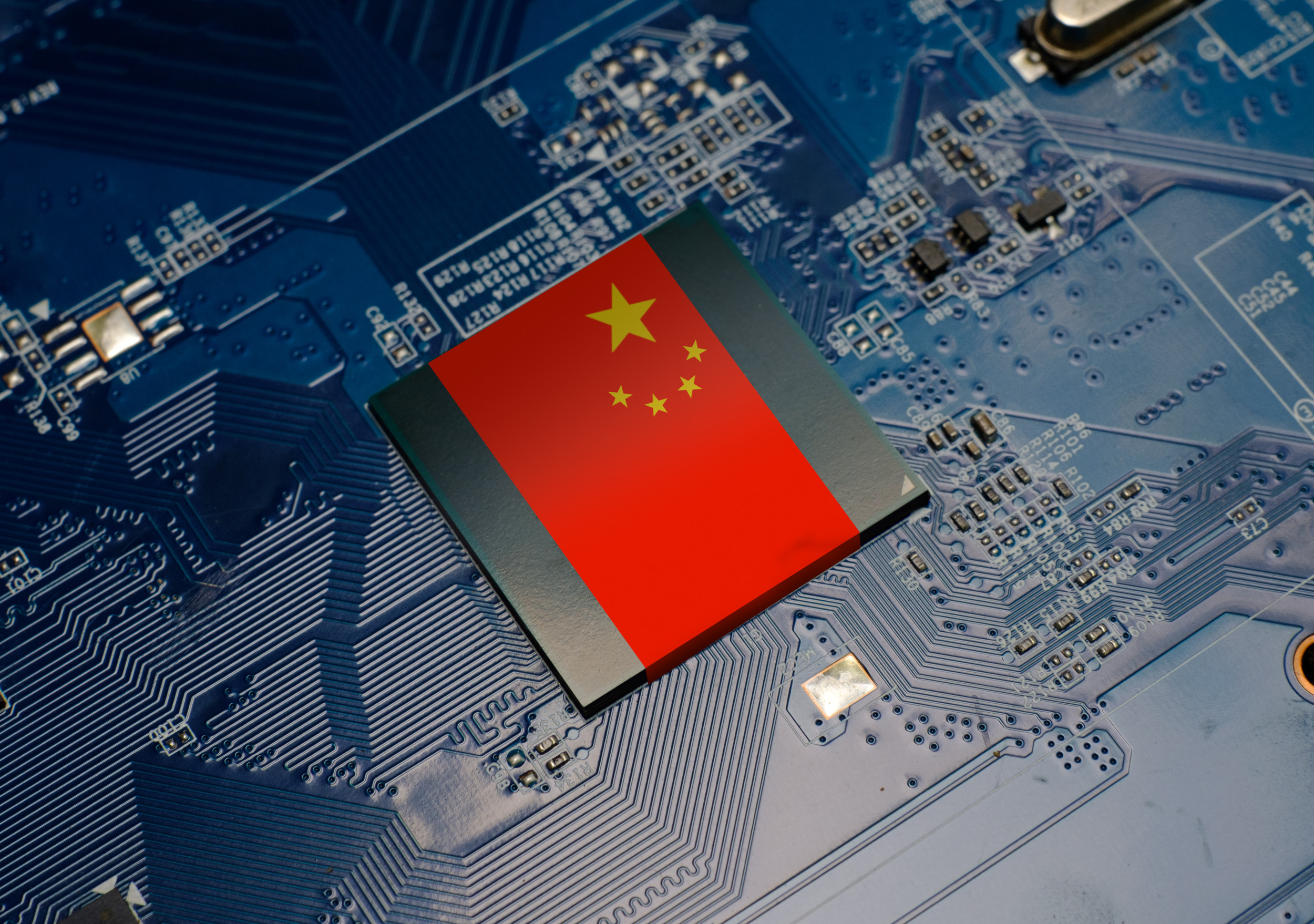  A computer chip with the flag of China on it, symbolizing the Chinese government's push to use domestic processors in its computers.