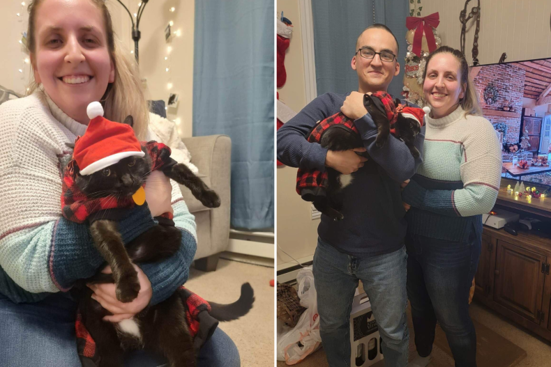 Noodle in pyjamas with owner Becky Naugle