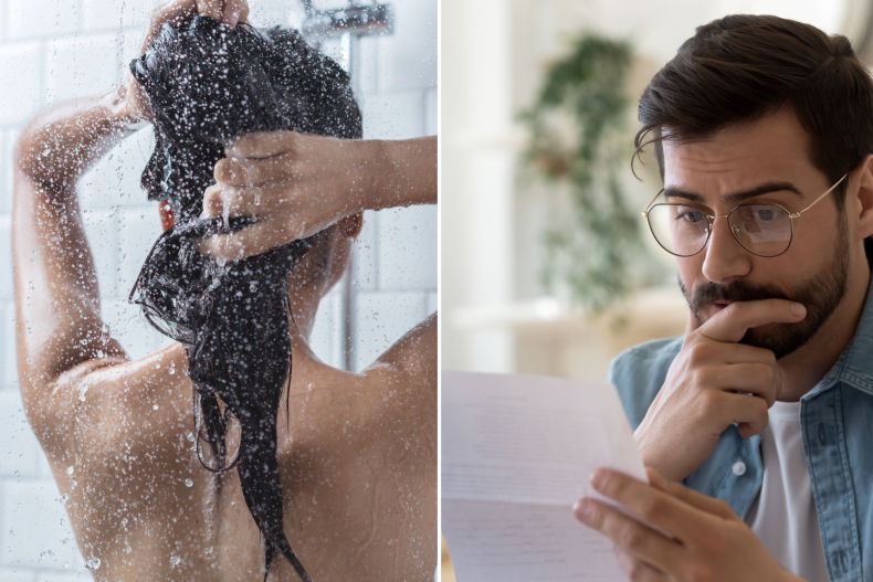 A woman gives a man a bath while looking at a bill