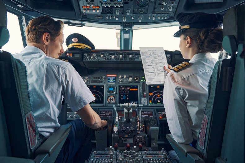 Two pilots in cockpit of plane.
