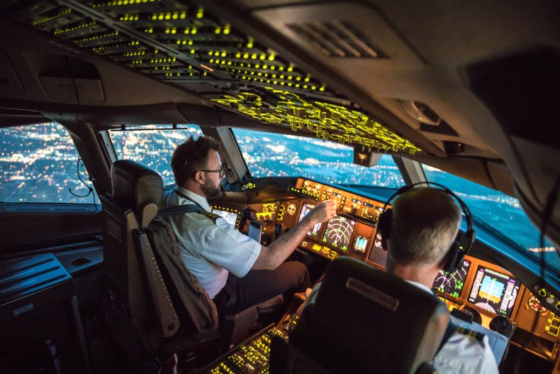Pilots in the cockpit of a plane.