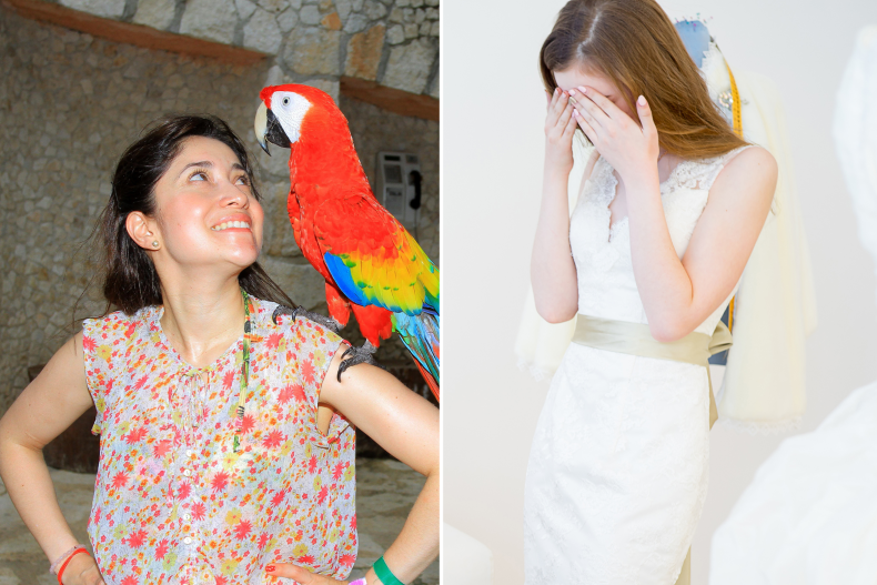 Woman, parrot and bride-to-be