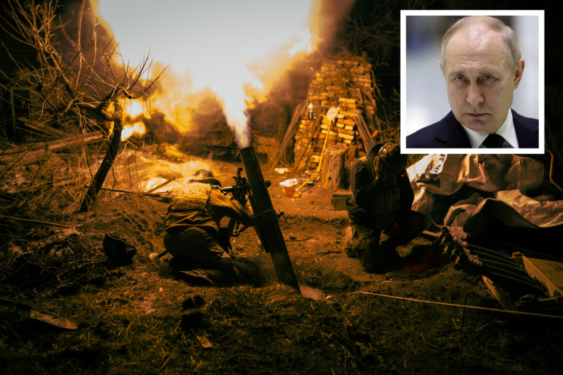 Composite of Putin and mortar fire 