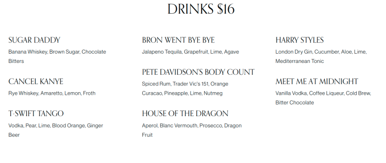 The controversial TMRW cocktail menu.