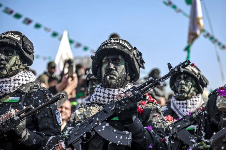 Hamas, Al-Qassam, Brigades, fighters, march, in, Gaza