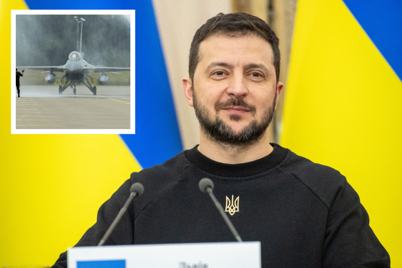 Volodymyr Zelensky next to image of jet