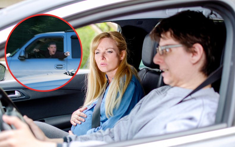 A pregnant couple and an angry driver.