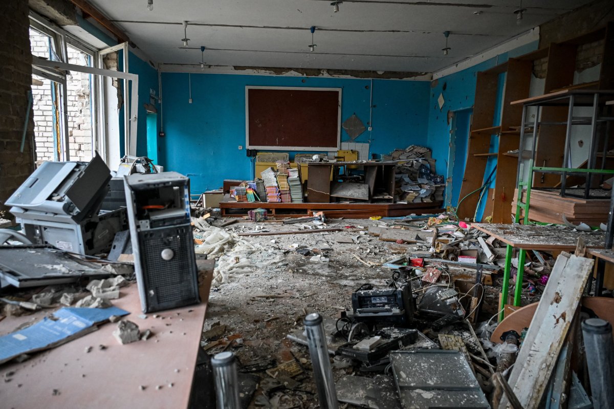 Damaged school room in Ukraine