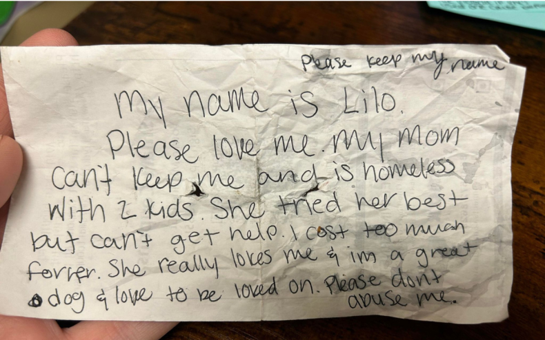 The note found with Milo the dog.