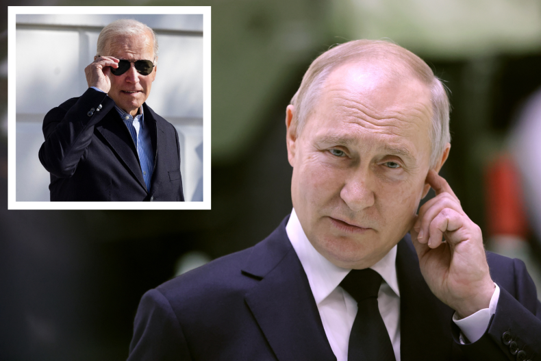 Vladimir Putin with inset Joe Biden photo