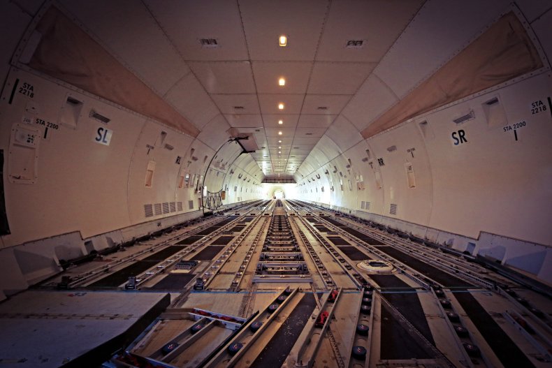 The empty cargo hold of an aircraft.