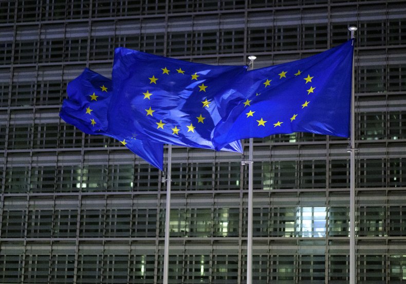 European Union flags wave in front of