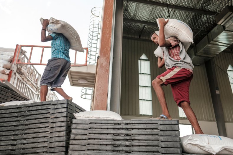 Workers carry sacks of grain 