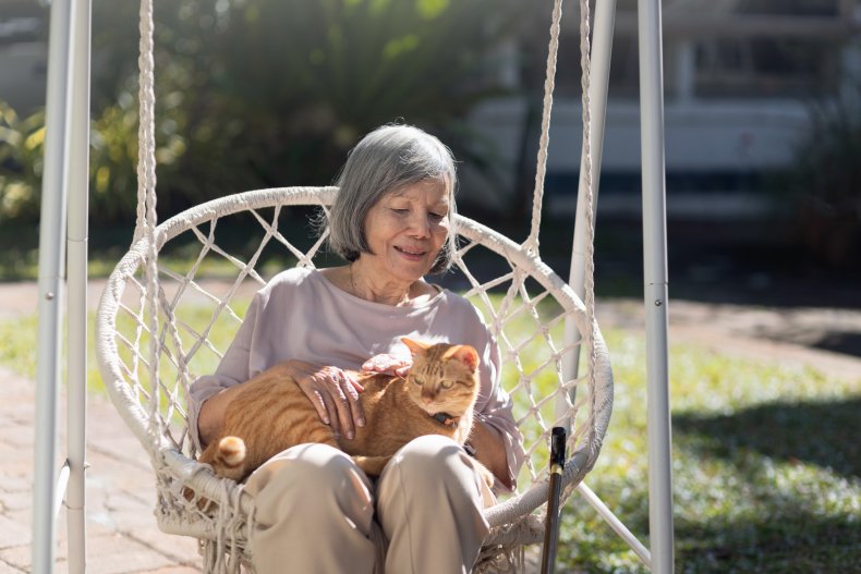 Elderly woman holding ginger cat on wheelchair 