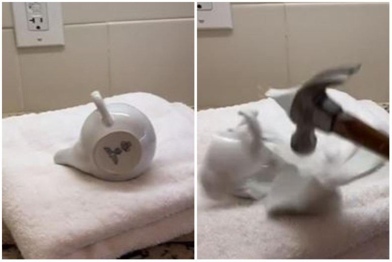 split image of Nazi crockery being smashed