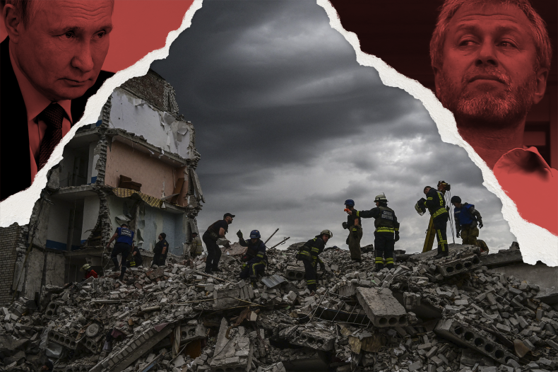 Composite of Putin, Abramovich, damage in Ukraine