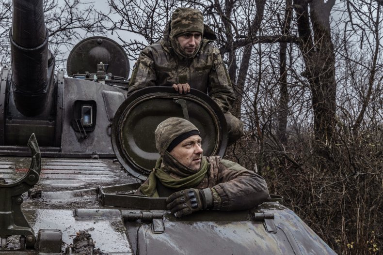 Ukrainian soldiers in a tank in Bakhmut