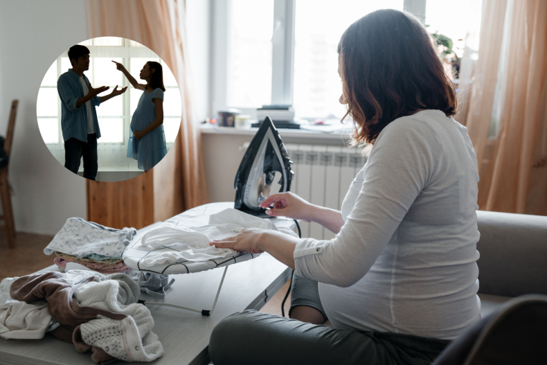 Pregnant woman ironing