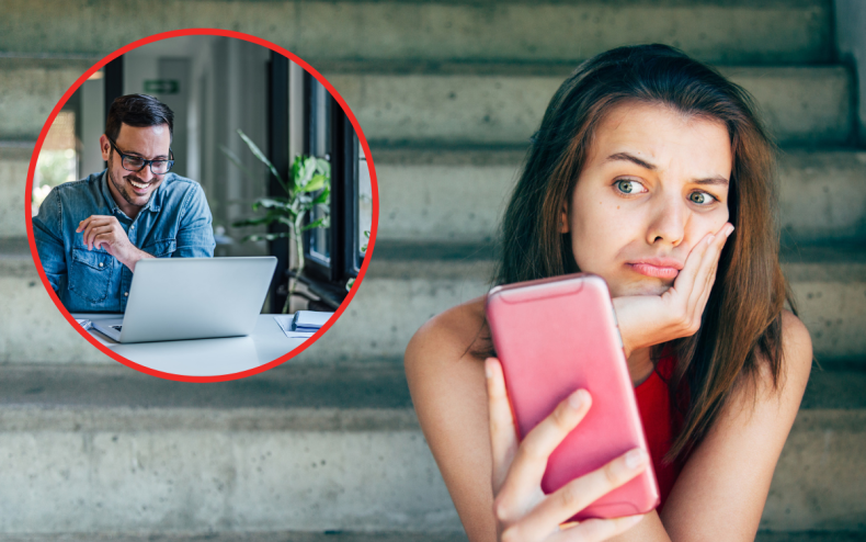 A man and woman on electronic devices.