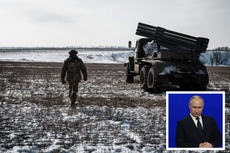 Ukrainian troop and Vladimir Putin 
