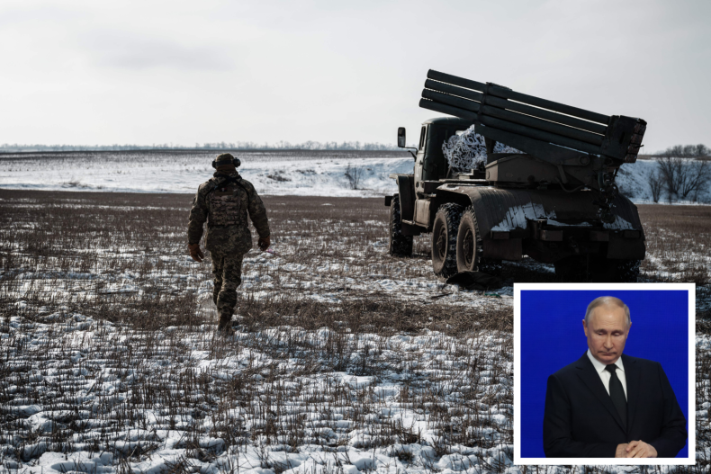 Ukrainian troop and Vladimir Putin