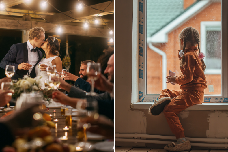 Wedding and girl looks out of window