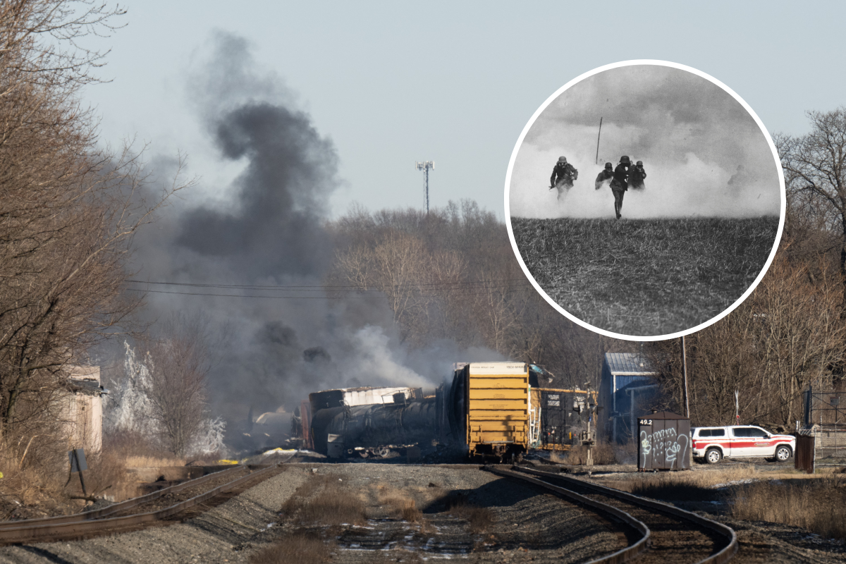 Derailed train, phosgene used in WWI