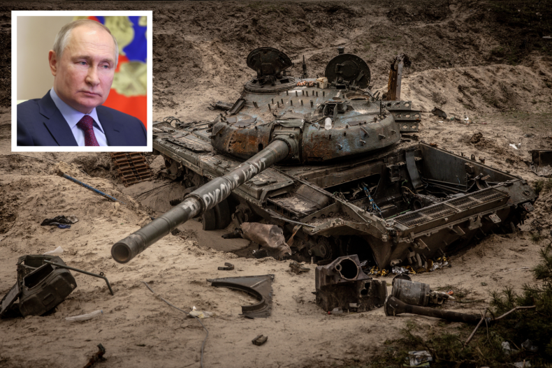 Destroyed tank and Vladimir Putin 