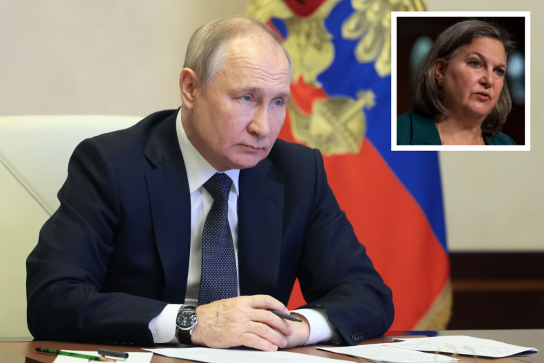 Vladimir Putin con l'immagine di Victoria Nuland inserita