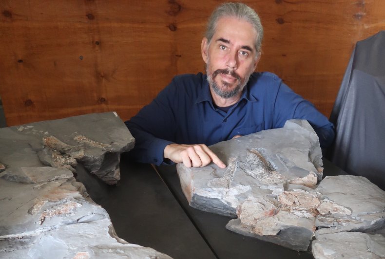 Rob Gess with newly discovered fossil 