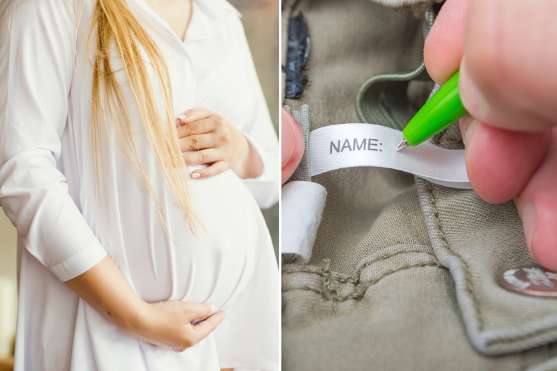 Pregnant woman and name tag