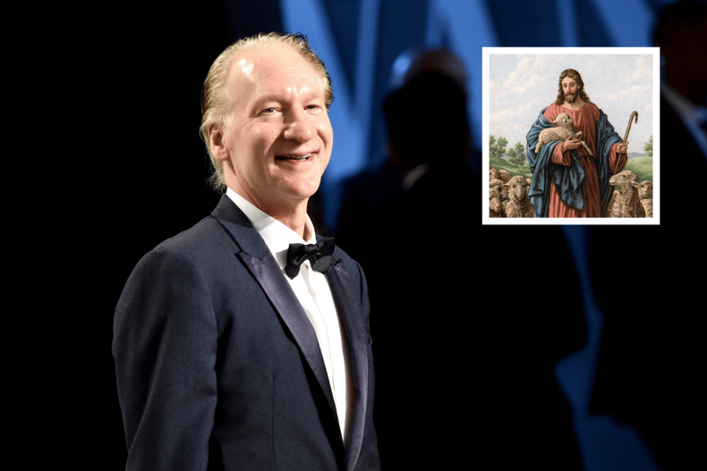 Bill Maher and inset of Jesus Christ
