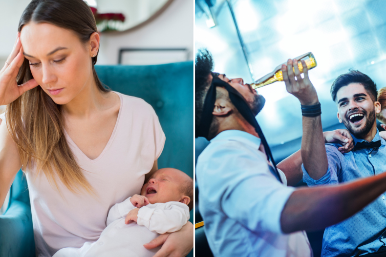 Stressed mom and men partying