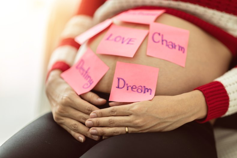 Pregnant woman's bump covered in post-it notes