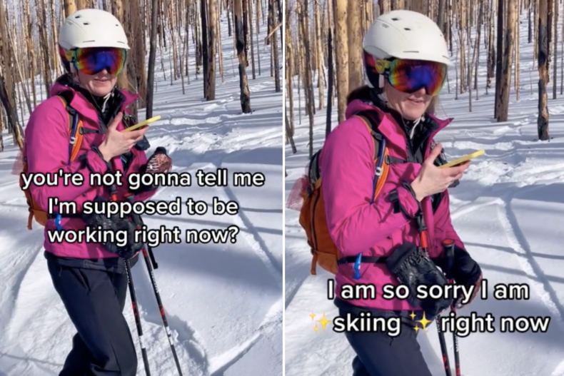Woman skiing during work