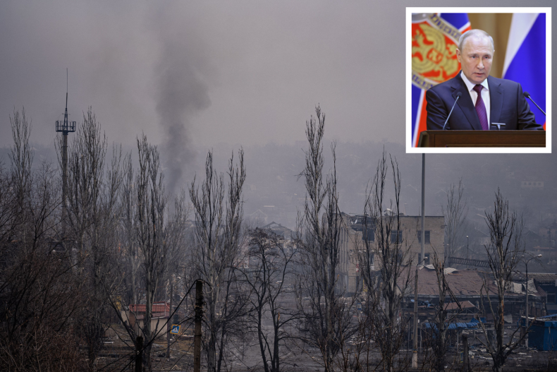 Smoke outside Bakhmut and Putin inset 