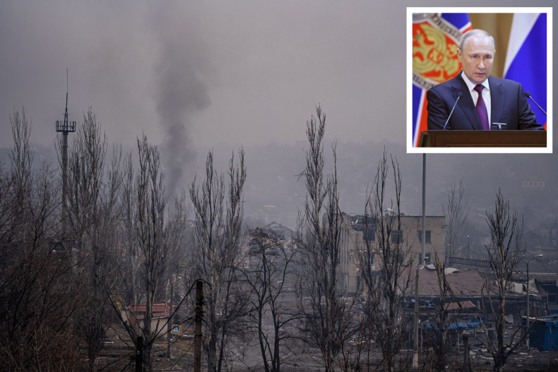 Smoke outside Bakhmut and Putin inset