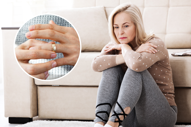 Woman upset, wedding ring removed
