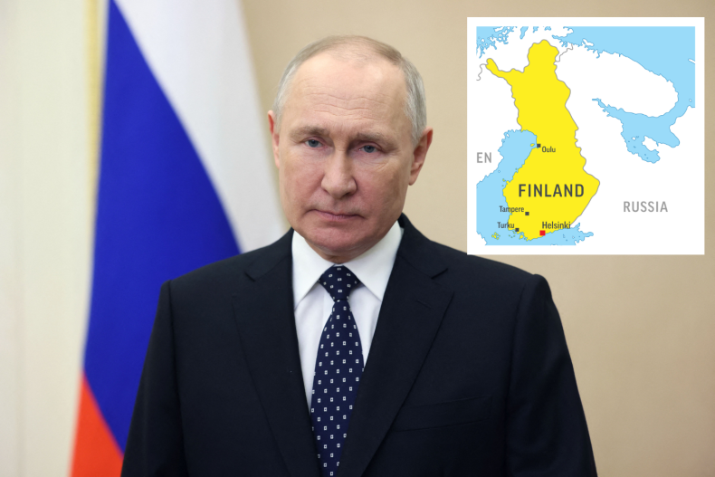 Vladimir Putin and a map of Finland/Russia