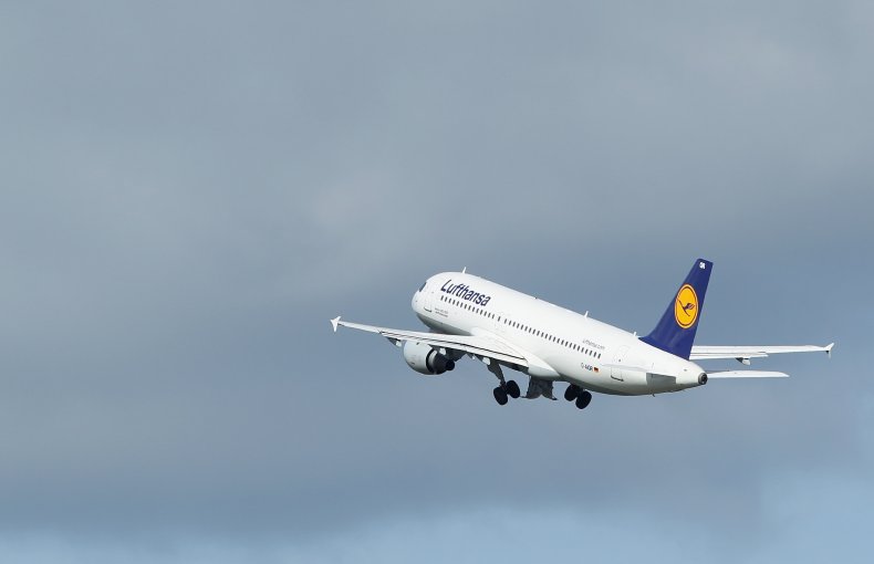 A Lufthansa passenger plane takes off 