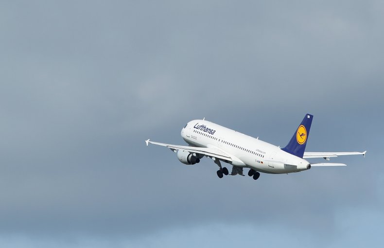 A Lufthansa passenger plane takes off