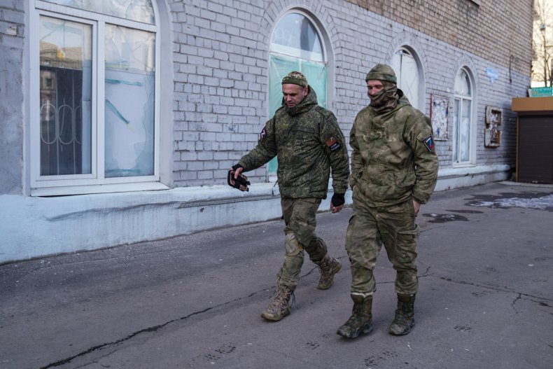 Russian soldiers walking in Donetsk Donbas Ukraine