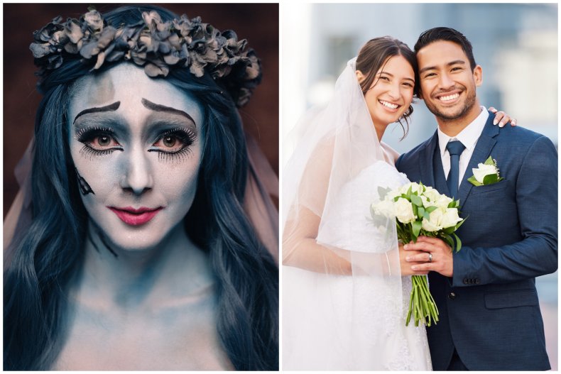 Woman dressed as Corpse Bride and couple