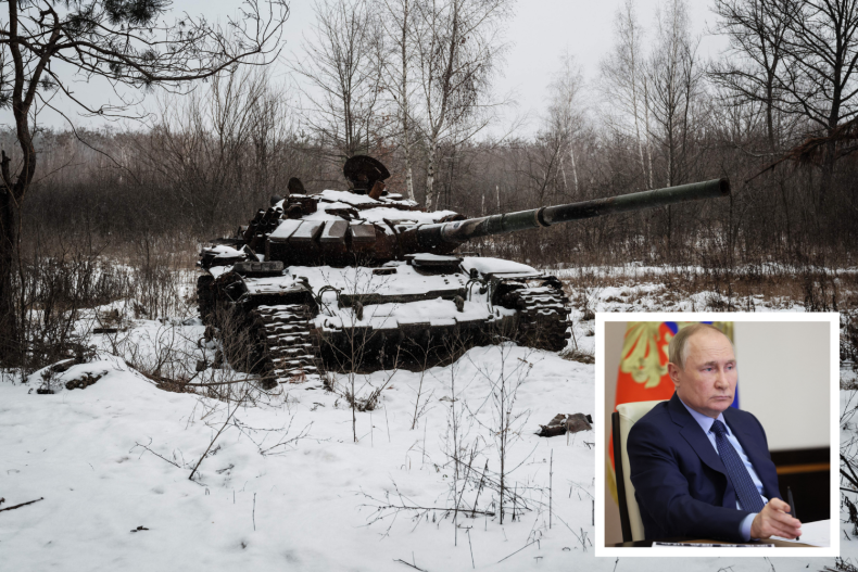 A tank in Ukraine and Vladimir Putin