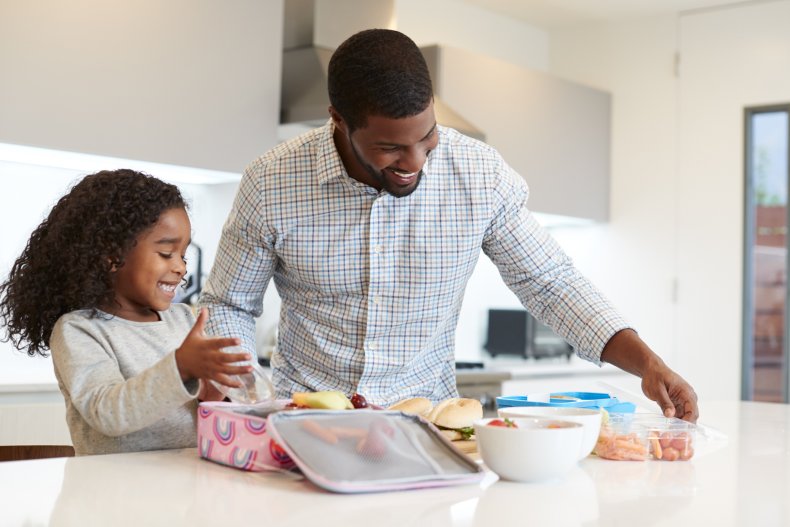 Dad making packed lunch for young daughter
